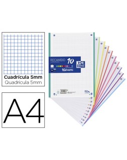 Recambio color oxford a4 160 hojas optik paper+ cuadro 5 mm 4 taladros banda 10 colores