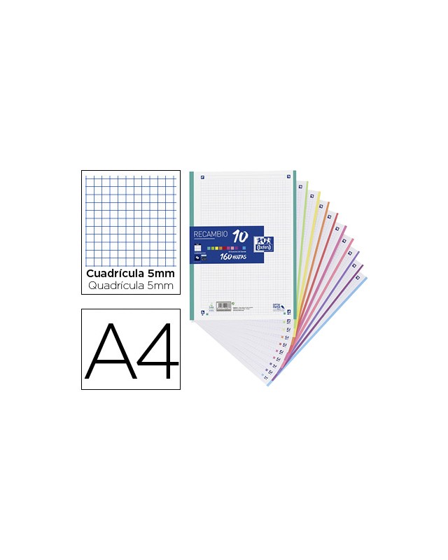 Recambio color oxford a4 160 hojas optik paper+ cuadro 5 mm 4 taladros banda 10 colores