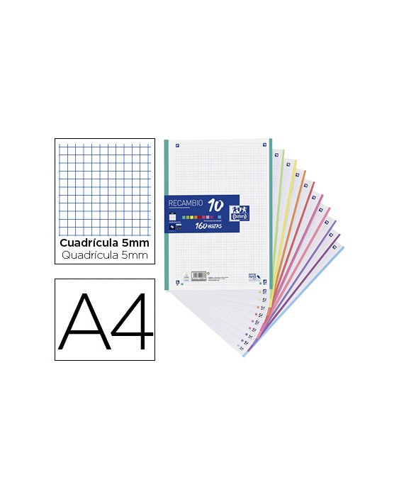 Recambio color oxford a4 160 hojas optik paper+ cuadro 5 mm 4 taladros banda 10 colores