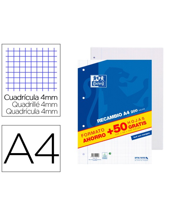 Recambio oxford a4 200 + 50 hojas gratis cuadro 4 mm con margen