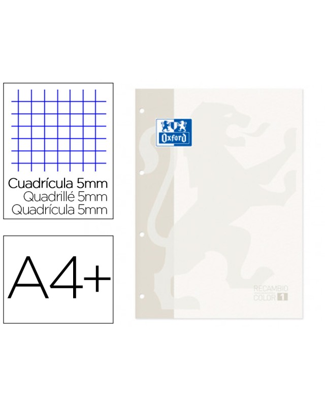 Recambio color 1 oxford din a4+ 80 hojas 90 gr cuadro 5 mm 4 taladros color blanco