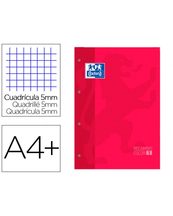 Recambio color 1 oxford din a4+ 80 hojas 90 gr cuadro 5 mm 4 taladros color rojo