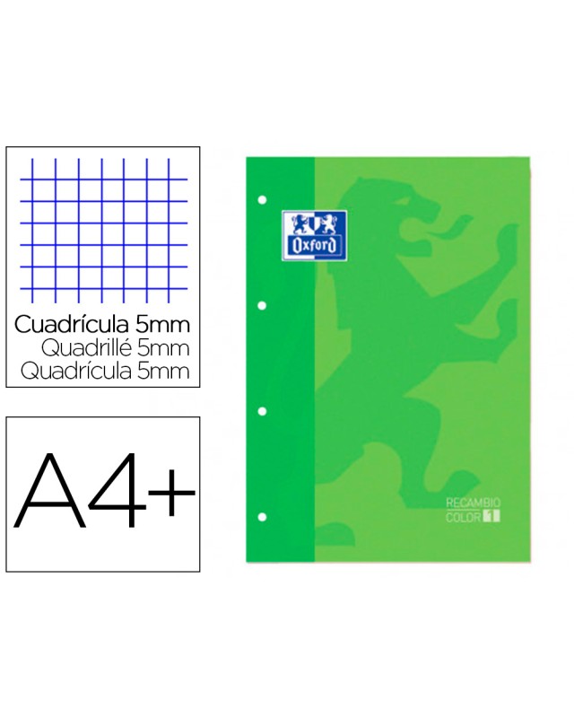 Recambio color 1 oxford din a4+ 80 hojas 90 gr cuadro 5 mm 4 taladros color verde manzana