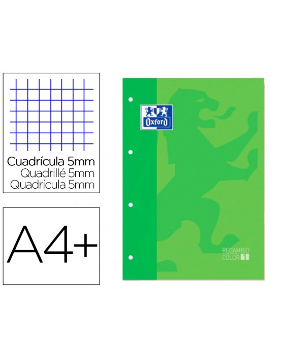 Recambio color 1 oxford din a4+ 80 hojas 90 gr cuadro 5 mm 4 taladros color verde manzana