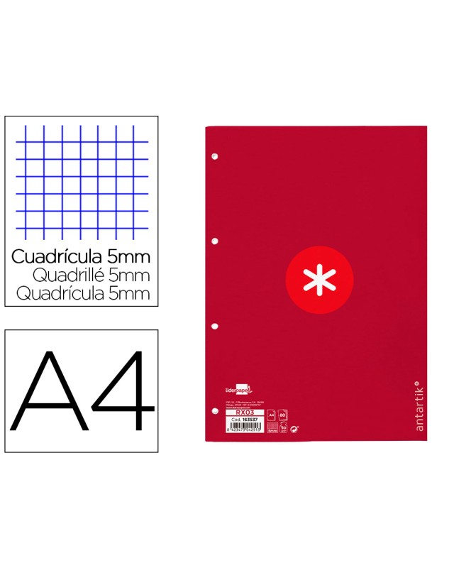 Recambio antartik a4 80 hojas 90gr cuadro 5 mm 4 taladros 1 banda marco color frambuesa