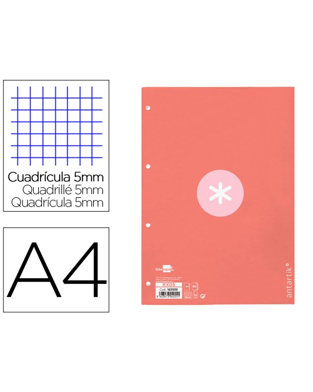 Recambio antartik a4 80 hojas 90gr cuadro 5 mm 4 taladros 1 banda marco color rosa
