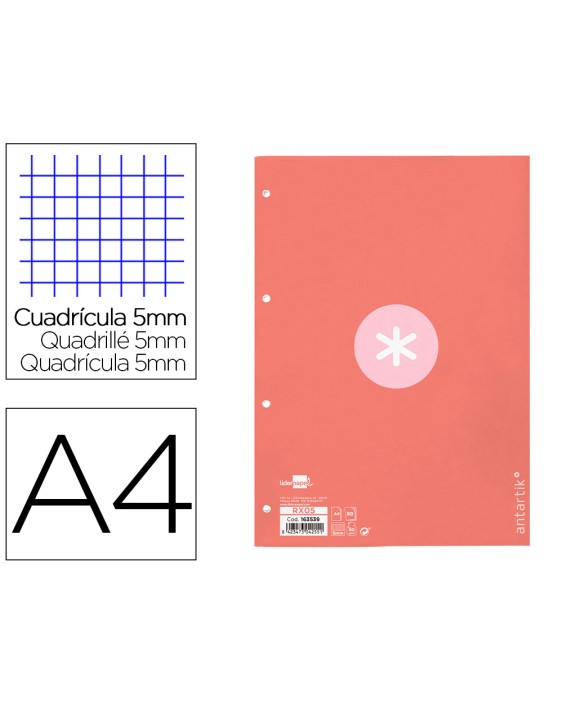 Recambio antartik a4 80 hojas 90gr cuadro 5 mm 4 taladros 1 banda marco color rosa
