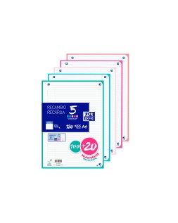 Recambio oxford din a4 100 hojas + 20 hojas gratis 90gr horizontal 4 taladros con banda colores pastel