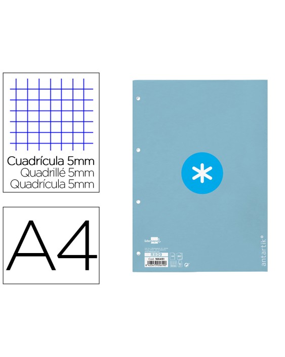 Recambio antartik a4 80 hojas 90gr cuadro 5mm 4 taladros 1 banda con marco color celeste