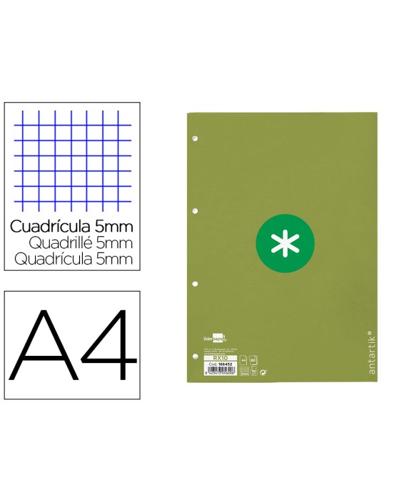 Recambio antartik a4 80 hojas 90gr cuadro 5mm 4 taladros 1 banda con marco color verde