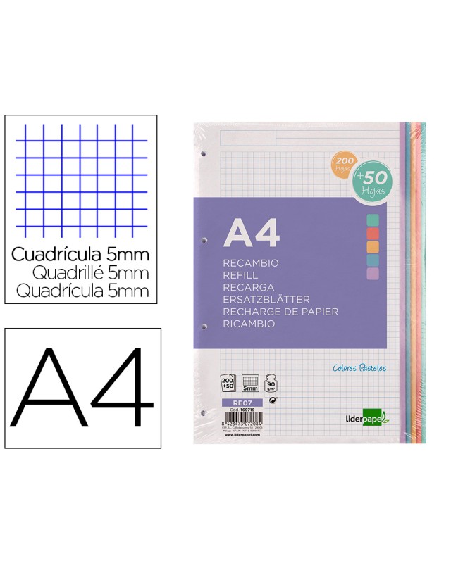 Recambio liderpapel a4 200+50 hojas 90gr cuadro 5mm 4 taladros bandas de 5 colores