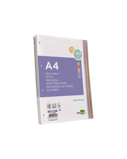 Recambio liderpapel a4 200+50 hojas 90gr cuadro 5mm 4 taladros bandas de 5 colores