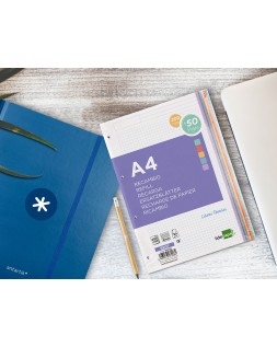 Recambio liderpapel a4 200+50 hojas 90gr cuadro 5mm 4 taladros bandas de 5 colores