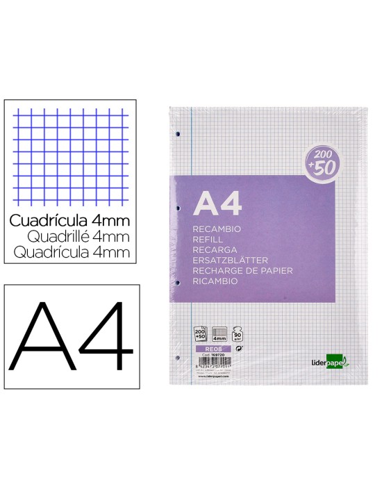 Recambio liderpapel a4 200+50 hojas 90gr cuadro 4mm con margen 4 taladros