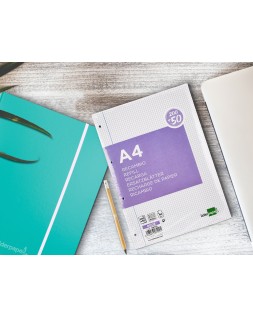 Recambio liderpapel a4 200+50 hojas 90gr cuadro 4mm con margen 4 taladros