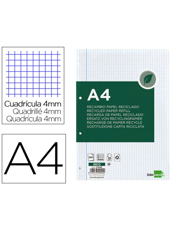 Recambio liderpapel a4 100 hojas papel reciclado 100% 80gr cuadro 4mm con margen 4 taladros