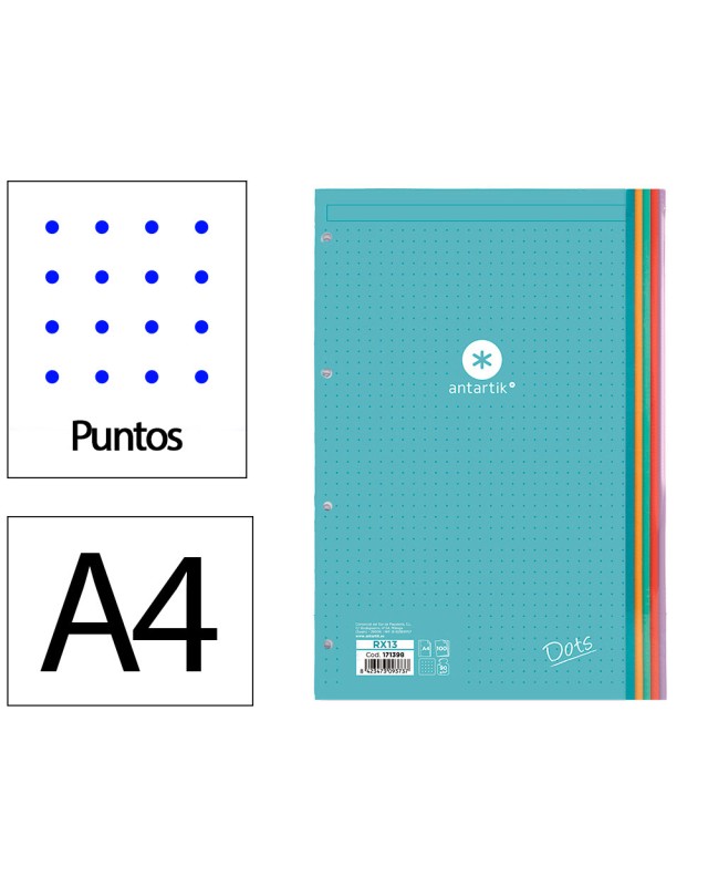 Recambio antartik a4 100 hojas 90gr puntos dots 4 taladros bandas de 5 colores