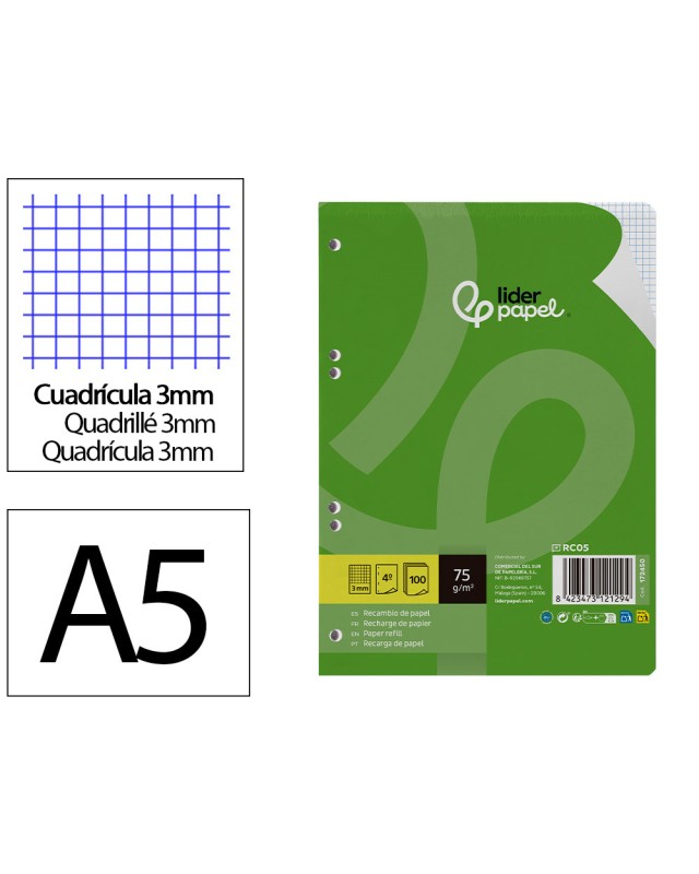 Recambio liderpapel a5 100 hojas 75gr cuadro 3mm con margen 6 taladros