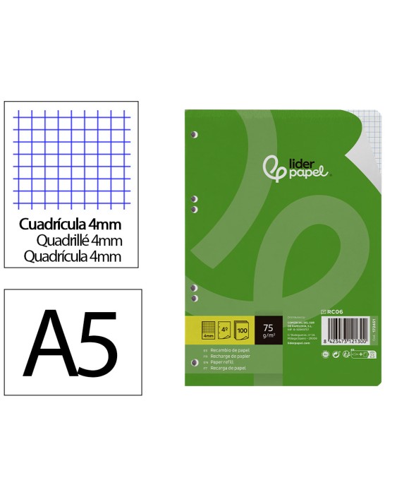 Recambio liderpapel a5 100 hojas 75gr cuadro 4mm con margen 6 taladros