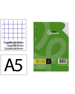 Recambio liderpapel din a5 100 hojas 75 gr cuadro 8mm con margen 6 taladros