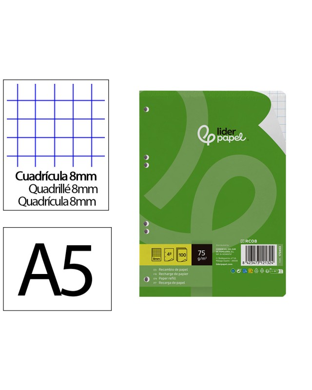 Recambio liderpapel din a5 100 hojas 75 gr cuadro 8mm con margen 6 taladros