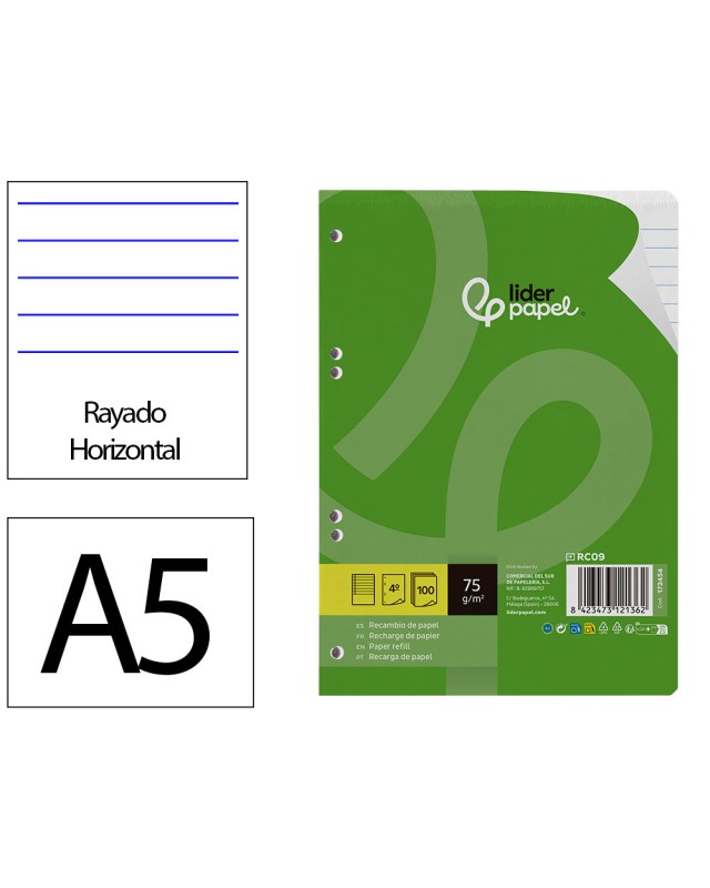 Recambio liderpapel din a5 100 hojas 75 gr horizontal con margen 6 taladros