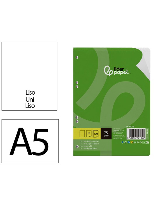 Recambio liderpapel din a5 100 hojas 75 gr liso sin margen 6 taladros