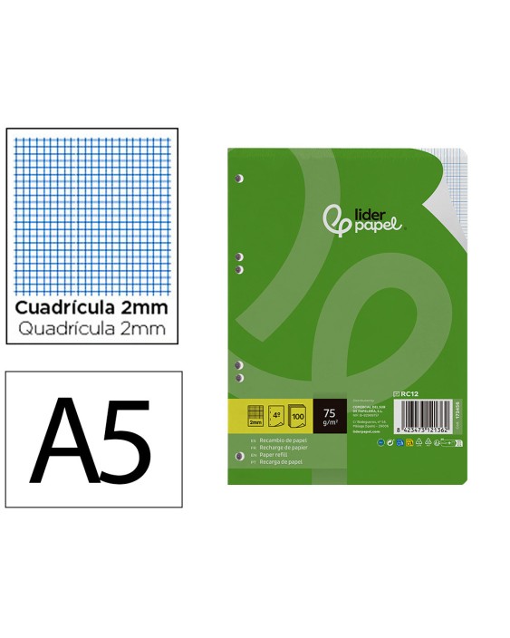 Recambio liderpapel din a5 100 hojas 75 gr milimetrado sin margen 6 taladros