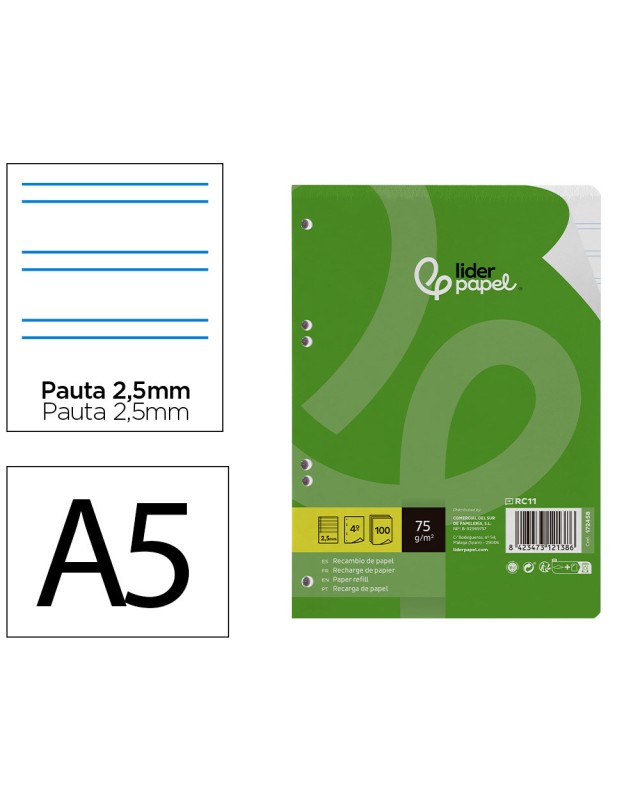Recambio liderpapel a5 100 hojas 75gr pauta 5 2.5mm con margen 6 taladros