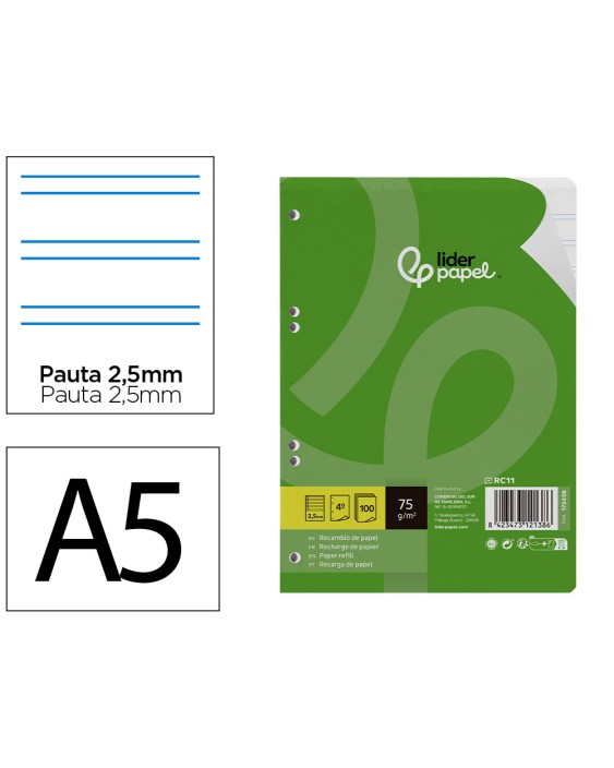 Recambio liderpapel a5 100 hojas 75gr pauta 5 2.5mm con margen 6 taladros