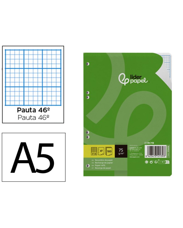 Recambio liderpapel din a5 100 hojas 75gr rayado nº 46 6 taladros