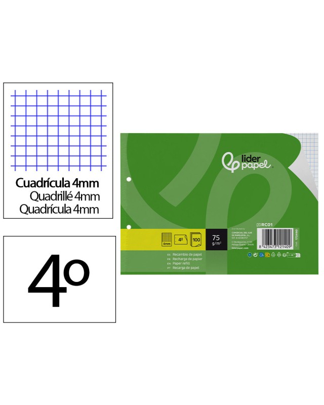 Recambio liderpapel din a5 apaisado 100 hojas 75 gr cuadro 4 mm 2 taladros con margen
