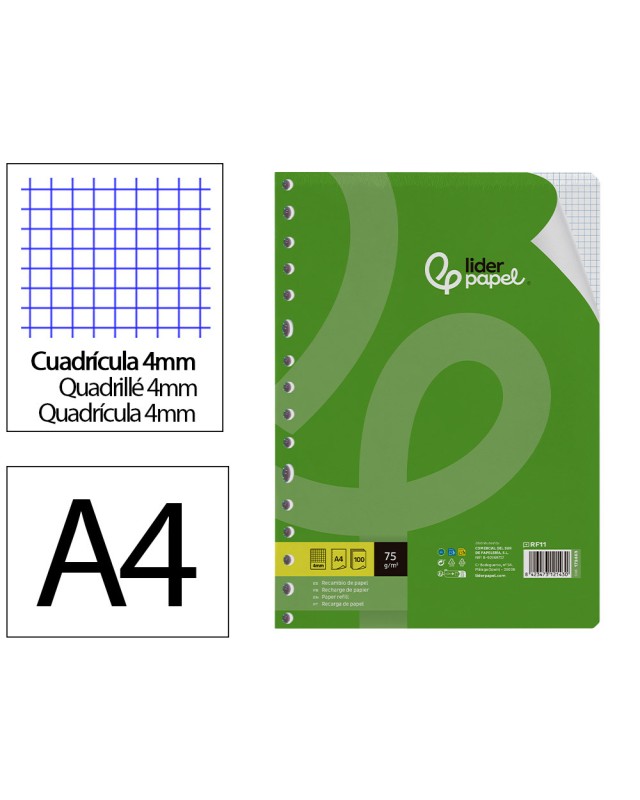 Recambio liderpapel a4 100 hojas 75gr cuadro 4mm con margen 16 taladros