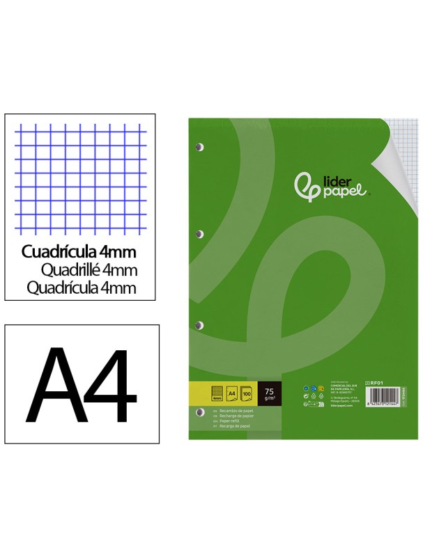 Recambio liderpapel a4 100 hojas 75gr cuadro 4mm con margen 4 taladros