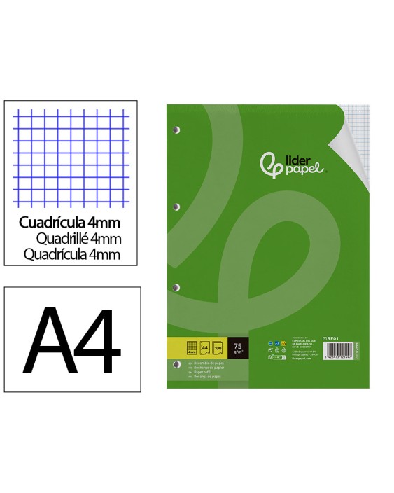 Recambio liderpapel a4 100 hojas 75gr cuadro 4mm con margen 4 taladros