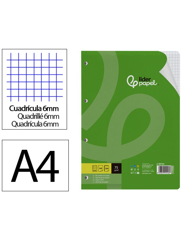 Recambio liderpapel a4 100 hojas 75gr cuadro 6mm 4 taladros con margen