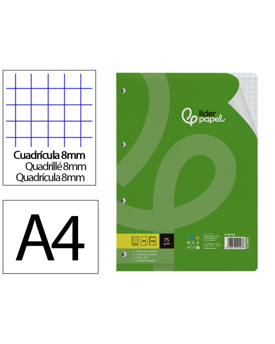 Recambio liderpapel a4 100 hojas 75gr cuadro 8mm con margen 4 taladros