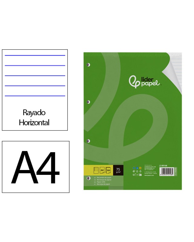 Recambio liderpapel a4 100 hojas 75gr horizontal con margen 4 taladros