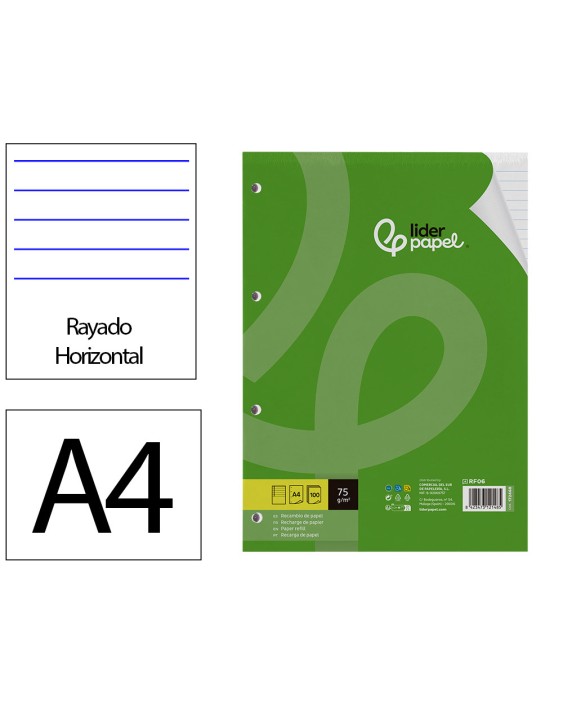 Recambio liderpapel a4 100 hojas 75gr horizontal con margen 4 taladros
