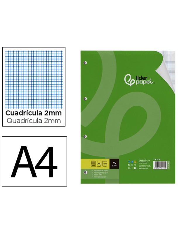 Recambio liderpapel a4 100 hojas 75gr milimetrado 2 mm sin margen 4 taladros