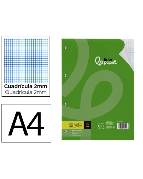Recambio liderpapel a4 100 hojas 75gr milimetrado 2 mm sin margen 4 taladros