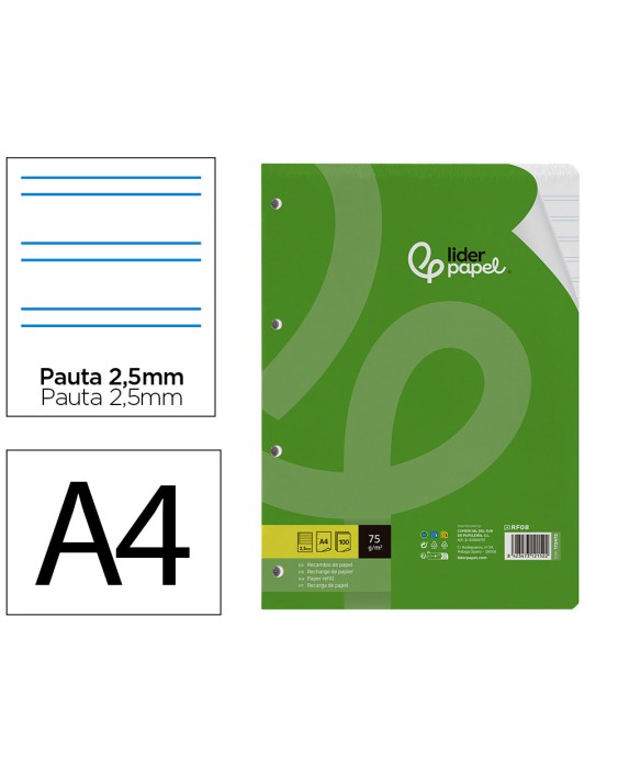 Recambio liderpapel a4 100 hojas 75gr pauta 5 2.5mm con margen 4 taladros