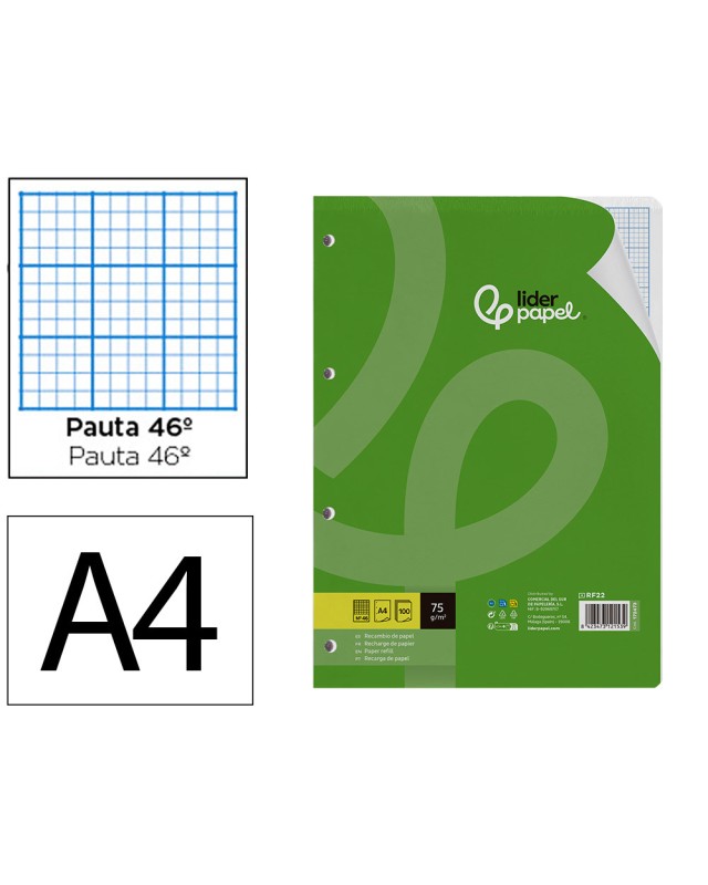 Recambio liderpapel a4 100 hojas 75gr rayado nº46 4 taladros