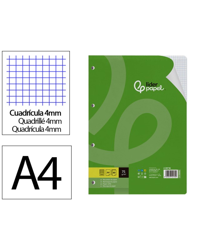 Recambio liderpapel a4 80 hojas 75gr cuadro 4 mm con margen 4 taladros