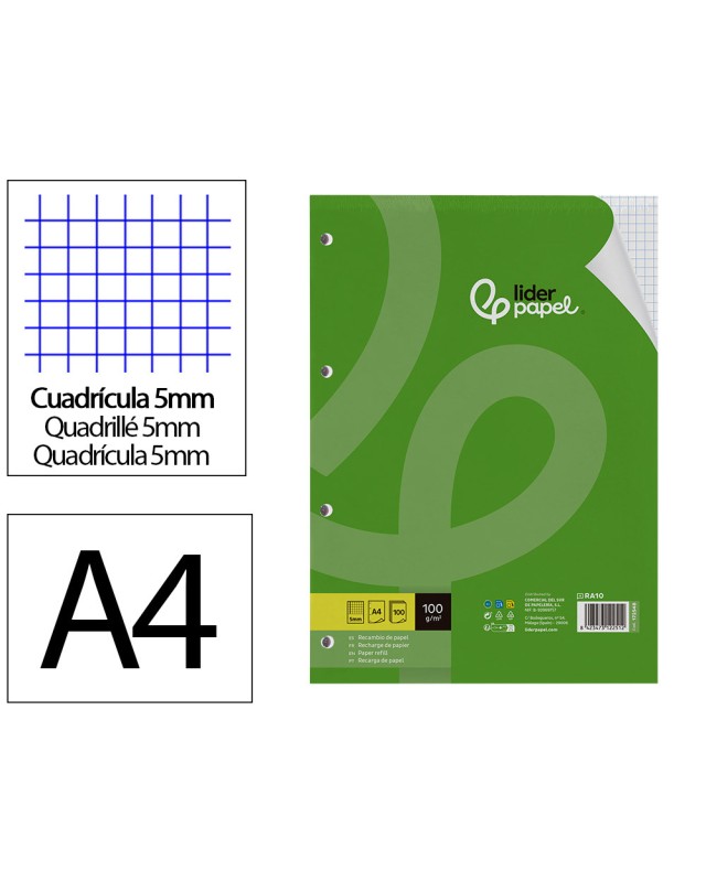 Recambio liderpapel a4 100 hojas 100gr cuadro 5mm con margen 4 taladros