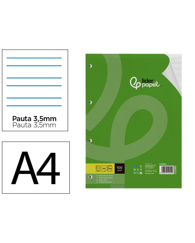 Recambio liderpapel a4 100 hojas 100gr pauta 3,5mm con margen 4 taladros