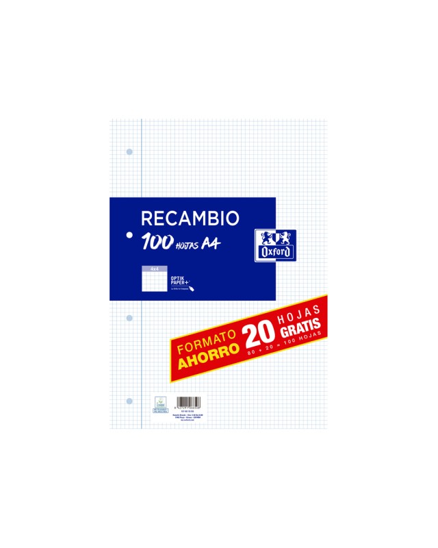 Recambio oxford din a4 80+20 hojas gratis 90 gr cuadro 4 mm 4 taladros