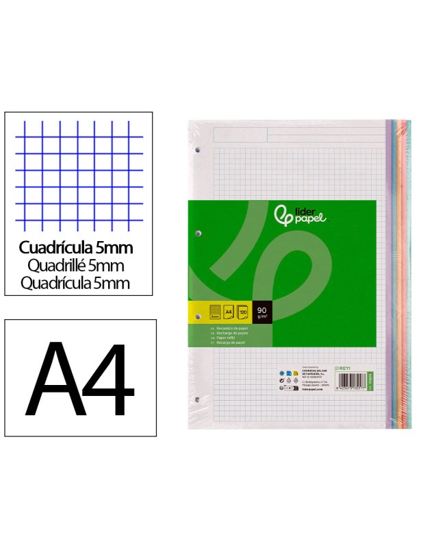 Recambio liderpapel a4 120 hojas 90gr cuadro 5 mm 4 taladros bandas de 5 colores pasteles