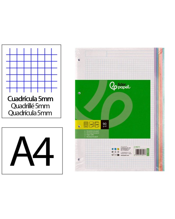 Recambio liderpapel a4 120 hojas 90gr cuadro 5 mm 4 taladros bandas de 5 colores pasteles