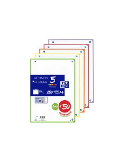 Recambio oxford din a4 200+50 hojas gratis cuadro 5 mm 4 taladros con banda 5 colores vivos